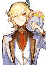 Rule 34 | 1boy, blonde hair, bouquet, brown shirt, collared shirt, feather hair ornament, feathers, flower, formal, genshin impact, green feathers, hair ornament, highres, holding, holding bouquet, kaveh (genshin impact), kaveh (gigo) (genshin impact), light brown hair, long sleeves, male focus, medium hair, multicolored hair, necktie, official alternate costume, one eye closed, pink flower, red eyes, red necktie, shirt, solo, sparkle, suit, syakkotu, vest, white suit, white vest
