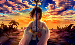 Rule 34 | 1girl, brown hair, closed mouth, cloud, detached sleeves, final fantasy, final fantasy x, hair ornament, highres, holding, japanese clothes, medium hair, open mouth, solo, staff, tatsunaka (tx3), water, weapon, yuna (ff10)