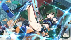 Rule 34 | 1girl, absurdres, android, black footwear, black gloves, blue footwear, blue shorts, blush, cityscape, commentary request, crop top, electricity, fingerless gloves, floating, foot out of frame, gloves, green eyes, green hair, hair ornament, highres, holding, holding weapon, knee pads, leg up, lightning, long hair, looking at viewer, midriff, open mouth, outdoors, qingyi (zenless zone zero), shorts, solo, spice mega, thighs, twintails, very long hair, weapon, zenless zone zero