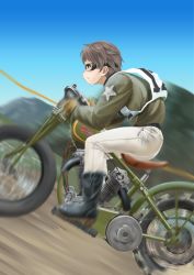Rule 34 | 10s, 1girl, abazu-red, black footwear, boots, brown eyes, brown hair, brown jacket, closed mouth, from side, girls und panzer, goggles, harley davidson, jacket, long sleeves, military, military uniform, motion blur, motor vehicle, motorcycle, naomi (girls und panzer), pants, riding, short hair, solo, star (symbol), uniform, very short hair, white pants