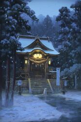 Rule 34 | architecture, banner, box, commentary, cyclecircle, donation box, east asian architecture, english commentary, forest, highres, lantern, nature, no humans, original, paper lantern, path, road, rope, scenery, shimenawa, shrine, snow, snowing, tree, winter, wolf