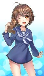 Rule 34 | 1girl, ;d, ahoge, animal, animal on shoulder, blouse, blue shirt, blurry, blush, bokeh, brave witches, commentary, cowboy shot, depth of field, grey neckerchief, hair ornament, hairclip, karibuchi hikari, light blush, looking at viewer, neckerchief, no pants, one eye closed, open mouth, petting, school uniform, serafuku, shirt, short hair, smile, solo, squirrel, standing, totonii (totogoya), world witches series
