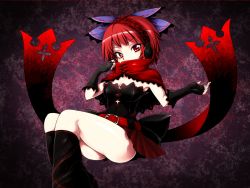 Rule 34 | 1girl, ass, bare shoulders, belt, blush, bow, breasts, cape, cleavage, covering own mouth, dress, elbow gloves, fingerless gloves, gloves, hair bow, harusame (unmei no ikasumi), headphones, highres, long sleeves, microskirt, pleated skirt, red eyes, red hair, red skirt, scarf, sekibanki, short hair, skirt, solo, strapless, touhou