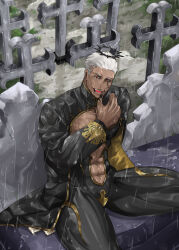 Rule 34 | 1boy, abs, abs cutout, bara, black bodysuit, black nails, bodysuit, crying, crying with eyes open, dark-skinned male, dark skin, feet out of frame, highres, israfil (housamo), itaru (kidomh63), large pectorals, licking, licking finger, long sleeves, looking at viewer, male focus, mature male, muscular, muscular male, pectoral cleavage, pectorals, rain, red eyes, short hair, sitting, smile, solo, tears, thick thighs, thighs, tight clothes, tokyo houkago summoners, wet, white hair