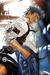 Rule 34 | 2boys, akahata, armband, bleach, blue eyes, blue hair, blue pants, breast pocket, closed mouth, from side, grimmjow jaegerjaquez, hand in pocket, hands in pockets, holster, kurosaki ichigo, male focus, multiple boys, out of frame, pants, pocket, police, police uniform, shirt, short hair, sleeves past elbows, solo focus, uniform, white shirt
