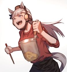 Rule 34 | 1girl, absurdres, animal ears, apron, chopsticks, food, gold ship (umamusume), grey hair, highres, holding, holding chopsticks, horse ears, horse girl, horse tail, long hair, looking afar, noodle strainer, noodles, open mouth, parody, parody request, photo-referenced, pillbox hat, red shirt, reon (dainagon azuki), shirt, simple background, sleeves rolled up, strainer, tail, teeth, tongue, umamusume, upper body, upper teeth only, waist apron, white background