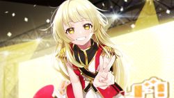 Rule 34 | 1girl, band uniform, bang dream!, blonde hair, blunt bangs, blurry, blurry background, blush, commentary, depth of field, dot nose, english commentary, epaulettes, gold trim, grin, hello happy world!, highres, leaning forward, light blush, light particles, long hair, looking at viewer, outstretched arm, sleeveless, smile, solo, sparkle, stage, stage lights, the cold, tsurumaki kokoro, upper body, v, yellow eyes