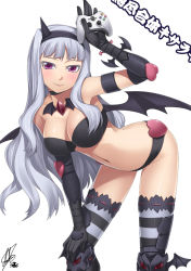 Rule 34 | 1girl, armor, blush, bra, breasts, cleavage, controller, darkmaya, elbow gloves, game console, game controller, gamepad, gloves, greaves, heart, idolmaster, idolmaster (classic), joystick, large breasts, lingerie, long hair, mujin gattai kisaragi, navel, nightmare blood, nightmare blood (idolmaster), purple eyes, shijou takane, shiny skin, smile, solo, strapless, striped clothes, striped thighhighs, thighhighs, underwear, white hair, xbox