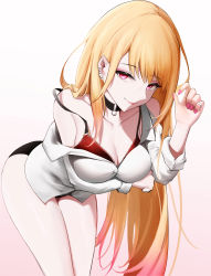 Rule 34 | 1girl, absurdres, bare shoulders, bent over, black choker, black panties, blonde hair, bra, breast hold, breasts, choker, cleavage, collarbone, dintea, ear piercing, gradient background, gradient hair, highres, jewelry, kitagawa marin, large breasts, lipstick, long hair, long sleeves, looking at viewer, makeup, multicolored hair, nail polish, off shoulder, panties, piercing, pink background, pink hair, pink nails, red bra, red eyes, ring, smile, solo, sono bisque doll wa koi wo suru, thighs, underwear, very long hair, white background