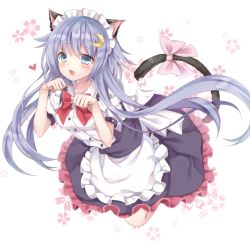 Rule 34 | 10s, 1girl, :o, alternate costume, animal ears, apron, blue eyes, blush, bow, bowtie, cat ears, cat tail, commentary request, crescent, crescent hair ornament, dress, enmaided, erika (ym0311), eyebrows, fang, frilled dress, frills, hair ornament, heart, kantai collection, kemonomimi mode, long hair, looking at viewer, maid, maid headdress, open mouth, paw pose, purple hair, revision, short hair with long locks, short sleeves, solo, tail, tail bow, tail ornament, very long hair, waist apron, white apron, yayoi (kancolle)
