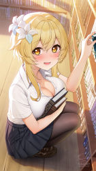 Rule 34 | 1girl, artist name, black skirt, blonde hair, blush, book, breast press, breasts, brown footwear, brown pantyhose, cleavage, flower, fukuro daizi, genshin impact, hair between eyes, hair flower, hair ornament, highres, holding, holding book, large breasts, library, loafers, looking at viewer, lumine (genshin impact), open mouth, pantyhose, pleated skirt, shirt, shoes, short sleeves, signature, skirt, smile, solo, squatting, teeth, twitter username, white shirt, yellow eyes