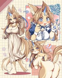 Rule 34 | 1girl, animal ears, apron, ass, blue eyes, breasts, brown hair, dress, full body, go (1o22g), horns, large breasts, long hair, maid apron, multiple views, nude, original, single horn, standing, star-shaped pupils, star (symbol), symbol-shaped pupils