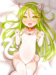 Rule 34 | 1girl, absurdres, alternate costume, animal ears, bed sheet, bell, blush, cat ears, cat tail, clenched hands, collarbone, crescent, crescent hair ornament, elbow gloves, fake animal ears, fang, gloves, green eyes, green hair, hair ornament, highres, jingle bell, kantai collection, long hair, nagatsuki (kancolle), open mouth, skin fang, solo, suzushiro (gripen39), tail, thighhighs, white gloves, white thighhighs