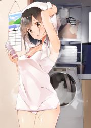Rule 34 | 1girl, arm up, armpits, bare arms, black hair, blurry, blush, bow, breasts, brown eyes, brown hair, byte (allbyte), calendar, calendar (object), camisole, cellphone, unworn clothes, collarbone, cowboy shot, depth of field, drying, drying hair, hand on own head, highres, holding, holding phone, indoors, laundry basket, lips, looking at phone, looking at viewer, looking down, medium breasts, no pants, panties, parted lips, phone, plant, potted plant, red bow, revision, sleeveless, smartphone, solo, standing, steam, strap gap, striped, towel, towel on head, underwear, wall, washing machine, wet, white panties