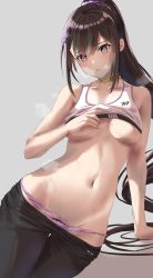 Rule 34 | 1girl, absurdres, areola slip, arm support, bad id, bad pixiv id, bare shoulders, black hair, black pants, blue archive, blush, breasts, choker, clothes lift, clothes pull, collarbone, commentary request, cowboy shot, female pubic hair, grey background, groin, hair between eyes, hair ornament, hair scrunchie, highres, kuu (user gngs5284), long hair, looking at viewer, medium breasts, navel, panties, pants, pants pull, panty pull, parted lips, ponytail, pubic hair, pubic hair peek, purple eyes, purple panties, purple scrunchie, scrunchie, sidelocks, simple background, sitting, solo, sports bra, sports bra lift, steam, stomach, sumire (blue archive), sweat, thigh gap, underboob, underwear, very long hair, white sports bra, yellow choker, yoga pants