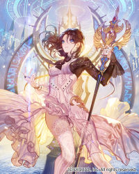 Rule 34 | 1girl, asymmetrical sleeves, backlighting, bad id, bad pixiv id, black bow, black bowtie, black hair, blue eyes, bow, bowtie, bracelet, braid, breasts, brooch, brown hair, building, castle, cropped jacket, dragon&#039;s shadow, dress, earrings, floating hair, frills, half updo, holding, holding staff, jewelry, lace, lace-trimmed legwear, lace legwear, lace trim, legs apart, long hair, long sleeves, magic circle, official art, outdoors, parted bangs, ring, runes, see-through, sky, solo, staff, standing, statue, striped clothes, striped thighhighs, thighhighs, uneven sleeves, upskirt, vertical-striped clothes, vertical-striped thighhighs, watermark, white dress, white thighhighs, yna