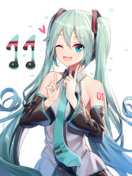 Rule 34 | 1girl, ;d, bare shoulders, black skirt, blue hair, blush, collared shirt, commentary request, detached sleeves, fingernails, gradient hair, green eyes, green hair, green nails, green necktie, grey shirt, hair between eyes, hair ornament, hands up, hatsune miku, headphones, heart, highres, index finger raised, long hair, long sleeves, looking at viewer, multicolored hair, nail polish, necktie, nose blush, one eye closed, open mouth, pleated skirt, ririko (zhuoyandesailaer), shirt, skirt, sleeveless, sleeveless shirt, smile, solo, twintails, very long hair, vocaloid