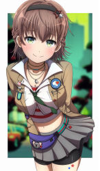 Rule 34 | 1girl, absurdres, arms behind back, badge, bang dream!, belt pouch, blush, braid, breasts, brown hair, button badge, cleavage, earrings, english text, green eyes, hair ornament, hairband, highres, hoop earrings, jewelry, kangaroo, koala, looking at viewer, medium breasts, midriff, miniskirt, navel, necklace, noshimurin, pouch, shirt, short hair, skirt, smile, solo, star (symbol), star hair ornament, striped clothes, striped shirt, yamato maya
