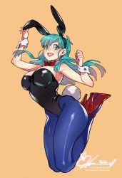 Rule 34 | 1girl, animal ears, black leotard, blue pantyhose, bow, bowtie, breasts, bulma, clenched hand, commentary, detached collar, dragon ball, dragon ball (classic), english commentary, fake animal ears, female focus, green eyes, green hair, high heels, ippus, jumping, large breasts, legs together, leotard, long hair, long legs, looking at viewer, matching hair/eyes, orange background, pantyhose, playboy bunny, rabbit ears, rabbit tail, red bow, red footwear, revision, shiny clothes, signature, smile, solo, strapless, strapless leotard, tail, watermark, web address, wrist cuffs