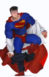 Rule 34 | 1boy, absurdres, bara, black hair, black pants, blue bodysuit, blue eyes, blush, bodysuit, bulge, cape, clark kent, clothes pull, covered abs, dc comics, glasses, highres, hoonzino, large pectorals, male focus, muscular, muscular male, my adventures with superman, open clothes, open shirt, pants, pants pull, pectorals, red cape, shirt, short hair, solo, superman, superman (series), white shirt