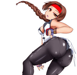 Rule 34 | 1girl, absurdres, artist request, ass, bare shoulders, braid, breasts, brown eyes, brown hair, fingerless gloves, from behind, from below, gloves, headband, highres, long hair, looking at viewer, open mouth, pants, pantylines, shiny clothes, shiny skin, single braid, solo, the king of fighters, thumbs down, yuri sakazaki