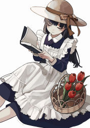 Rule 34 | 1girl, apron, basket, black dress, black hair, blush, book, bow, brown bow, brown hat, closed eyes, closed mouth, collared dress, commentary, dress, eyebrows hidden by hair, flower, frilled apron, frills, hat, hat bow, highres, holding, holding book, kashiwagi chisame, long hair, long sleeves, maid, open book, original, red flower, signature, simple background, sitting, smile, solo, sun hat, tulip, very long hair, white apron, white background