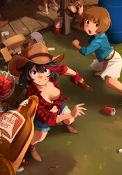 Rule 34 | 2girls, absurdres, animal, barefoot, barrel, beer bottle, belt, black hair, blue eyes, blue shirt, bob cut, boots, bottle, bowl, box, breasts, brown belt, brown eyes, brown footwear, brown hair, cardboard box, cleavage, clothed animal, collarbone, collared shirt, commentary, cowboy boots, cowboy hat, cup, denim, denim shorts, disposable cup, dog, dot nose, downblouse, dress, english commentary, english text, fingerless gloves, frown, fruit punch (drink), full body, furrowed brow, glass bowl, gloves, grass, grey hoodie, guts (kill la kill), hat, highres, holding, holding bottle, hood, hood up, hoodie, khyle., kill la kill, large breasts, looking at viewer, mankanshoku mako, matoi ryuuko, medium breasts, medium dress, medium hair, meme, midriff, multicolored hair, multiple girls, navel, no bra, open mouth, outdoors, patreon username, photo-referenced, pill bottle, plaid, plaid shirt, popped collar, porch, red gloves, red hair, red shirt, revision, shirt, shorts, single glove, sleeves past elbows, sleeves rolled up, slippers, split mouth, standing, straight hair, streaked hair, teeth, throwing, throwing drink, two-tone hair, upper teeth only, watermark, web address, white dress, white footwear, wooden porch