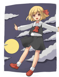 Rule 34 | 1girl, :d, ascot, black skirt, black vest, blonde hair, bright pupils, cloud, ellipsis (mitei), fang, full body, full moon, hair ribbon, highres, long sleeves, looking at viewer, moon, night, open mouth, outdoors, red ascot, red eyes, red footwear, red ribbon, ribbon, rumia, shirt, short hair, skirt, smile, socks, solo, touhou, vest, white pupils, white shirt, white socks