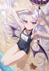 Rule 34 | 1girl, armpits, arms up, beach, blue archive, blush, collarbone, commentary request, hair ornament, hairclip, halo, highres, hina (blue archive), hina (swimsuit) (blue archive), horns, long hair, lying, sand, sb lama, school uniform, silver hair, wings
