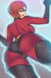 Rule 34 | 1girl, ass, bad id, bad pixiv id, blush, bodysuit, boots, breasts, brown eyes, brown hair, cameltoe, disney, domino mask, elastigirl, from behind, from below, gloves, harabacho (gkfkqkch1), helen parr, huge ass, large breasts, looking back, looking down, mask, open mouth, shiny clothes, short hair, sideboob, solo, superhero costume, sweatdrop, the incredibles, thigh boots, thighhighs