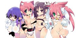 Rule 34 | 4girls, animal ears, animal hands, aqua eyes, ass, bare shoulders, bell, bikini, blue eyes, breasts, brown eyes, brown hair, butt crack, cat ears, collar, deathlock-san, fang, flat chest, from behind, gloves, green eyes, hand on own hip, henrietta (zankuro), ishtar-san, jingle bell, large breasts, long hair, looking at viewer, looking back, maebari, multiple girls, navel, neck bell, one eye closed, open mouth, original, pasties, paw gloves, petite, plump, pointy ears, red eyes, short hair, sideboob, simple background, skull, smile, sweat, swimsuit, thighs, twintails, white background, wink, zankuro, zipper