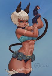 Rule 34 | 1girl, abs, animal ear fluff, animal ears, bare shoulders, belt, belt buckle, belt pouch, blue background, blue eyes, breasts, buckle, cat ears, cat girl, cat tail, cowboy shot, crop top, dark-skinned female, dark skin, facial scar, fingerless gloves, gloves, large breasts, looking at viewer, midriff, ms. fortune (skullgirls), muscular, muscular female, navel, ourobot, panties, paw pose, pouch, revealing clothes, scar, scar on arm, scar on cheek, scar on face, scar on leg, scar on thigh, short hair, skullgirls, smile, smug, solo, tail, thighhighs, underboob, underwear, utility belt, white hair
