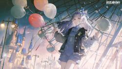 1girl alternate_costume amusement_park animal_ears artist_request balloon castle cloud cloudy_sky cotton_candy ferris_wheel frills hair_ribbon heterochromia highres jacket lamppost long_hair looking_at_viewer no._21_(pgr) official_alternate_costume official_art open_clothes open_jacket overalls punishing:_gray_raven rabbit ribbon sky white_hair wolf_ears