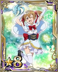 Rule 34 | 10s, 1girl, arm up, black footwear, bow, brown hair, capelet, card (medium), detached sleeves, dress, hair between eyes, hair ornament, hair ribbon, mini dragon, one eye closed, open mouth, pina (sao), red bow, red eyes, red ribbon, ribbon, shoes, short hair, short twintails, silica, solo, star (symbol), sword art online, thighhighs, twintails, white thighhighs