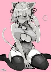 Rule 34 | 1girl, animal ears, bare shoulders, black thighhighs, blush, breasts, cat ears, cat tail, china dress, chinese clothes, cleavage, cleavage cutout, clothing cutout, covered erect nipples, dress, fake animal ears, fate/grand order, fate (series), hair ribbon, jeanne d&#039;arc (fate), jeanne d&#039;arc alter (avenger) (fate), jeanne d&#039;arc alter (fate), kojima saya, large breasts, monochrome, no panties, pelvic curtain, ribbon, seiza, short hair, sitting, tail, thighhighs