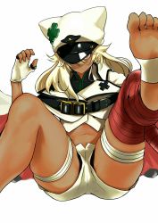 Rule 34 | 1girl, anagumasan, arc system works, barefoot, belt, cape, closed mouth, clover, dark-skinned female, dark skin, feet, fingerless gloves, four-leaf clover, gloves, guilty gear, guilty gear strive, hat, highres, looking at viewer, midriff, navel, one eye covered, platinum blonde hair, ramlethal valentine, shaded face, short shorts, shorts, simple background, sitting, spread legs, stomach, thigh strap, thighs, upshorts, white background, white cape, white gloves, yellow eyes