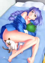 Rule 34 | 1girl, ass, barefoot, blue eyes, blush, bottomless, braid, breasts, cat, censored, convenient censoring, feet, frog, highres, kanon, keropii, legs, long hair, long legs, lying, medium breasts, mature female, minase akiko, off shoulder, on side, open clothes, parted lips, piro, purple hair, single braid, stuffed animal, stuffed frog, stuffed toy, zen