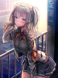 Rule 34 | 10s, 1girl, backlighting, between legs, blue eyes, blush, breasts, closed mouth, cowboy shot, epaulettes, gloves, tucking hair, hand between legs, highres, kaito (k4itoh), kantai collection, kashima (kancolle), leaning forward, long sleeves, looking at viewer, medium breasts, off shoulder, outdoors, pleated skirt, railing, sidelocks, silver hair, skirt, smile, solo, twintails, white gloves