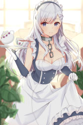 Rule 34 | 1girl, absurdres, apron, azur lane, bad id, bad pixiv id, belfast (azur lane), blush, breasts, chain, choker, cleavage, clothes lift, collar, collarbone, corset, cup, dress, dress lift, elbow gloves, frilled dress, frills, gloves, highres, holding, holding tray, indoors, large breasts, long hair, looking at viewer, maid, maid apron, maid headdress, naga tacos, plant, purple dress, purple eyes, silver hair, sleeveless, sleeveless dress, smile, solo, spilling, teacup, teapot, tray, waist apron, window
