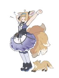 Rule 34 | 1girl, animal ears, arknights, arms up, black footwear, blonde hair, blue hairband, closed eyes, commentary, dress, elysiium, english commentary, fox, fox ears, fox girl, fox tail, frilled dress, frills, full body, hairband, highres, kitsune, kyuubi, medium dress, multiple tails, open mouth, pantyhose, purple dress, shoes, solo, standing, suzuran (arknights), tail, white pantyhose, yawning