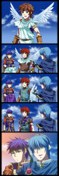 Rule 34 | 3boys, blue eyes, blue hair, brown hair, cape, comic, cosplay, fire emblem, fire emblem: mystery of the emblem, fire emblem: path of radiance, fire emblem: the binding blade, gloves, headband, highres, ike (fire emblem), kid icarus, long image, marth (fire emblem), multiple boys, nintendo, pit (kid icarus), red hair, roy (fire emblem), silent comic, smile, super smash bros., tall image, tiara, wings