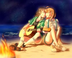 Rule 34 | 2girls, acoustic guitar, ahoge, ankle socks, artist request, beach, bow, braid, closed eyes, commentary request, crossed ankles, face-to-face, fire, green jacket, grey hair, grin, guitar, hair bow, holding, holding instrument, hood, hooded jacket, instrument, jacket, kneehighs, knees up, love live!, love live! sunshine!!, multiple girls, neck ribbon, night, night sky, ocean, on ground, orange hair, ribbon, sand, shoes, short sleeves, shorts, side braid, sitting, sky, smile, socks, suspenders, takami chika, watanabe you, white ribbon, yellow bow, yuri