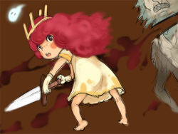 Rule 34 | 1girl, barefoot, blood, blush stickers, brown eyes, child, child of light (game), crown, dress, e10, freckles, gloves, igniculus, long hair, looking back, monster, open mouth, pink hair, princess aurora, sword, weapon, wisp