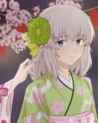 Rule 34 | 2girls, absurdres, blonde hair, blue eyes, blush, cherry blossoms, commentary, floral print kimono, flower, girls und panzer, green kimono, hair flower, hair ornament, hand in another&#039;s hair, highres, itsumi erika, japanese clothes, kimono, lantern, looking at another, medium hair, multiple girls, nekounko, night, night sky, nishizumi miho, paper lantern, pink kimono, sky, symbol-only commentary