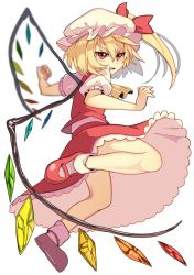 Rule 34 | 1girl, bad id, bad twitter id, blonde hair, blurry, crystal, flandre scarlet, from behind, full body, hat, hat ribbon, looking at viewer, looking back, mary janes, mob cap, open mouth, puffy sleeves, red eyes, ribbon, shirt, shoes, short hair, short sleeves, side ponytail, simple background, skirt, skirt set, socks, solo, touhou, ume ren, vest, white background, white socks, wings