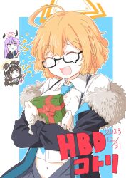 Rule 34 | 3girls, ahoge, black coat, black skirt, blonde hair, blue archive, blue necktie, box, braid, breasts, chibi, chibi inset, cleavage, closed eyes, coat, collared shirt, confetti, dated, fur-trimmed coat, fur trim, gift, gift box, halo, happy birthday, hariyaa, hibiki (blue archive), highres, hugging object, kotori (blue archive), long sleeves, multiple girls, navel, necktie, open clothes, open coat, open mouth, party popper, semi-rimless eyewear, shirt, short hair, skirt, small breasts, smile, solo focus, upper body, utaha (blue archive), white shirt