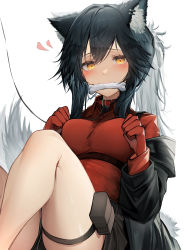 Rule 34 | 1girl, absurdres, animal ears, arknights, blush, bone, breasts, bridal garter, collar, gloves, hair between eyes, highres, leash, long hair, long sleeves, looking at viewer, medium breasts, mouth hold, official alternate costume, red collar, red gloves, simple background, sitting, tab head, tail, texas (arknights), thigh strap, thighs, white background, wolf ears, wolf girl, wolf tail, yellow eyes