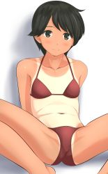 Rule 34 | 1girl, absurdres, bikini, black eyes, black hair, collarbone, flat chest, highres, kantai collection, looking at viewer, mogami (kancolle), navel, one-piece tan, red bikini, shadow, short hair, simple background, sitting, smile, solo, spread legs, swimsuit, takafumi, tan, tanline, white background