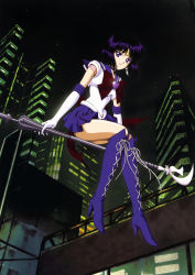 Rule 34 | 10s, 1990s (style), 1girl, 2010, absurdres, bishoujo senshi sailor moon, black hair, bob cut, boots, bow, brooch, broom, broom riding, brown bow, building, choker, city, cross-laced footwear, earrings, elbow gloves, floating, glaive (polearm), gloves, happy, heart, heart brooch, high heels, highres, hino ryutaro, holding, holding polearm, holding spear, holding weapon, jewelry, knee boots, lace-up boots, legs, levitation, magical girl, night, night sky, pleated skirt, polearm, purple eyes, purple footwear, purple hair, purple skirt, retro artstyle, ribbon, sailor saturn, shoes, short hair, sidesaddle, silence glaive, sitting, skirt, sky, skyline, skyscraper, smile, solo, spear, super sailor saturn, tiara, tomoe hotaru, weapon, white gloves