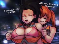 Rule 34 | 2girls, :o, absurdres, bare shoulders, black hair, blurry, blurry background, blush, boku no hero academia, bra, breasts, closed eyes, collarbone, english text, fluffydango, highres, kendou itsuka, large breasts, multiple girls, open mouth, orange hair, orange shirt, pink bra, presenting another, shirt, teeth, tongue, tongue out, torn clothes, torn shirt, underwear, upper body, upper teeth only, yaoyorozu momo, yuri